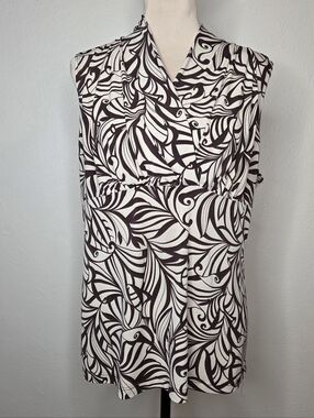 Y2K JKLA California Abstract Print Sleeveless Blouse Draped Neck Brown Cream XL